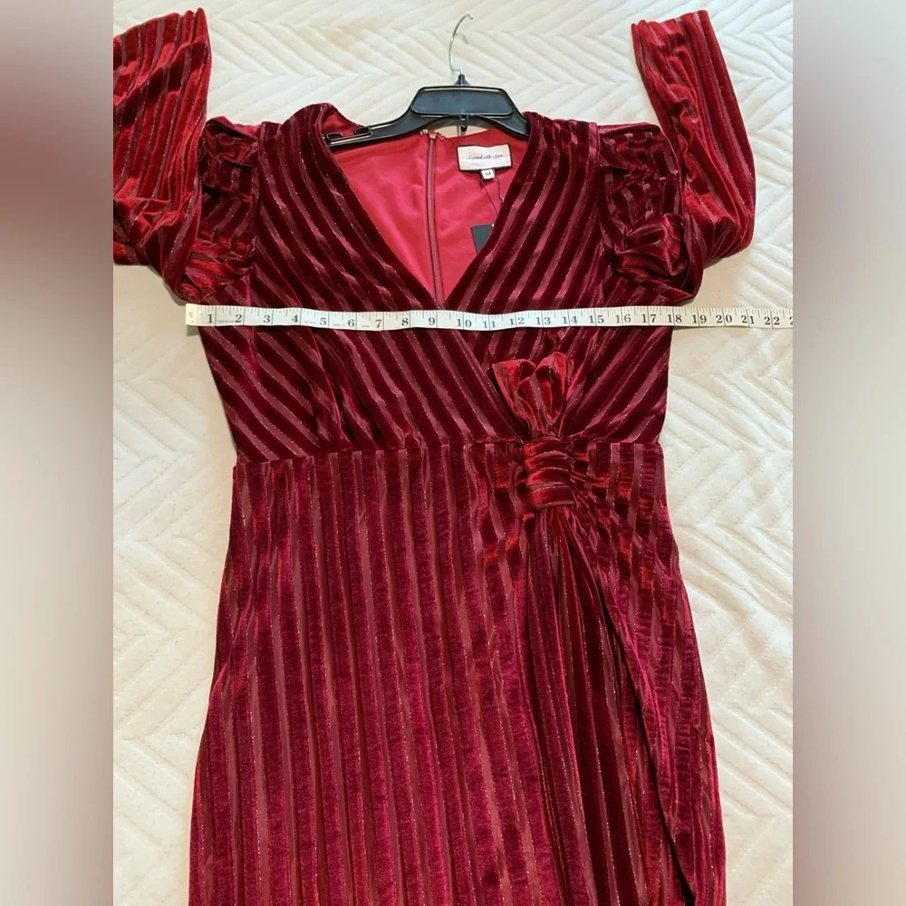 Layered With Love Yasmeen Puff Sleeve V-Neck Shadow Stripe Red Velvet Mini Dress